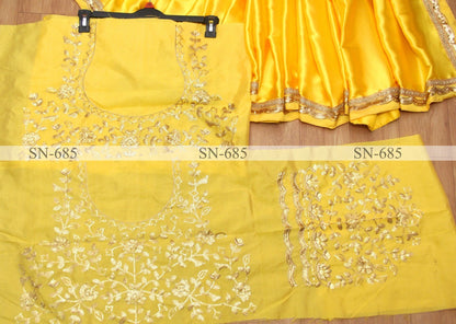 Yellow japan satin silk partywear saree
