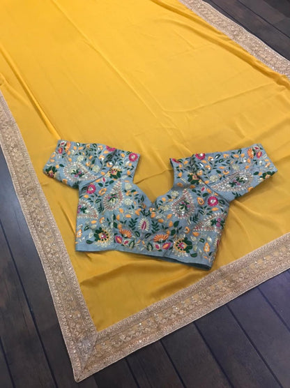 Yellow Kasturi georgette sequence work silk saree