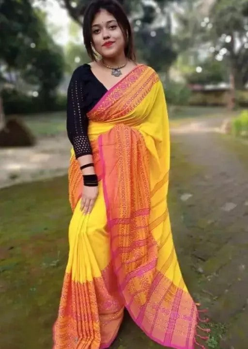 Yellow khadi cotton saree