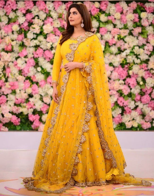 Yellow long gown with dupatta