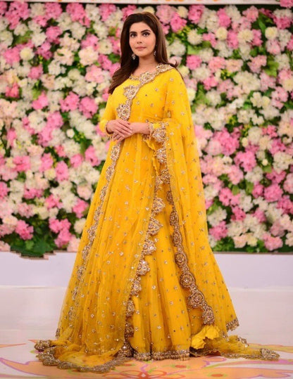 Yellow long gown with dupatta