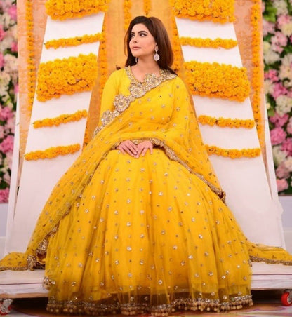 Yellow long gown with dupatta