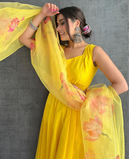 Yellow maskan cotton anarkali suit with printed organza dupatta