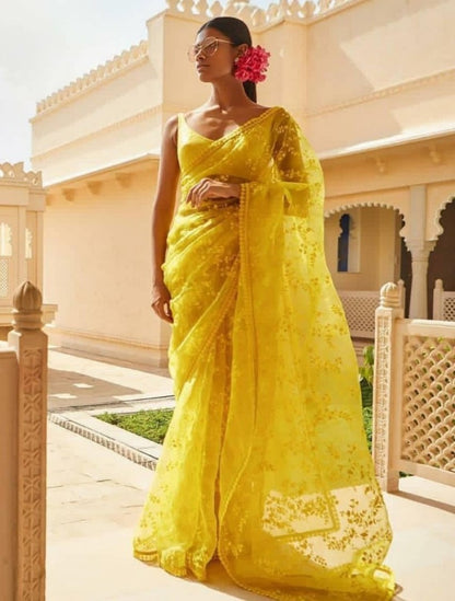 yellow mono net embroidered ceremonial saree