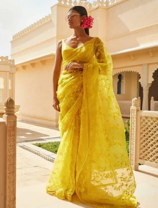 yellow mono net embroidered ceremonial saree