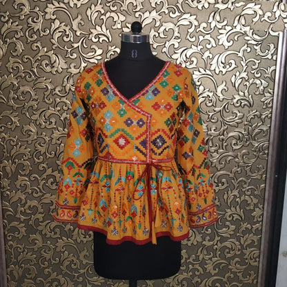 Yellow multi color thread embroidery work festive kurti top