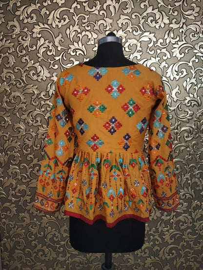Yellow multi color thread embroidery work festive kurti top