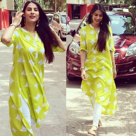 yellow musleen printed kurti