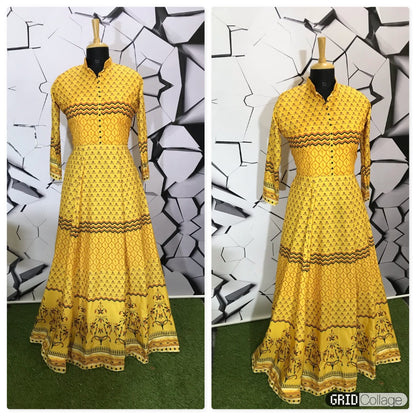 yellow muslin cotton digital printed casual wear gown