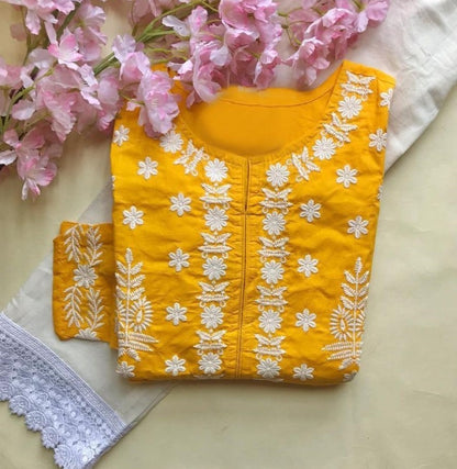 Yellow muslin cotton embroidered with moti work plazzo suit