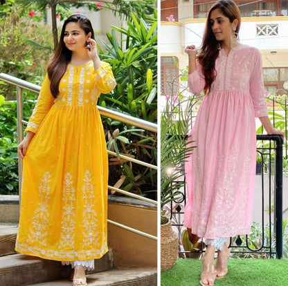 Yellow muslin cotton embroidered with moti work plazzo suit
