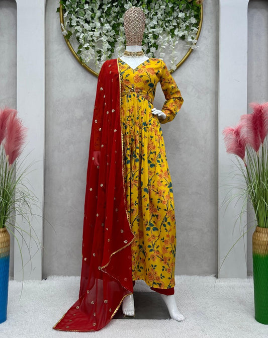 Yellow muslin floral print alia cut salwar suit
