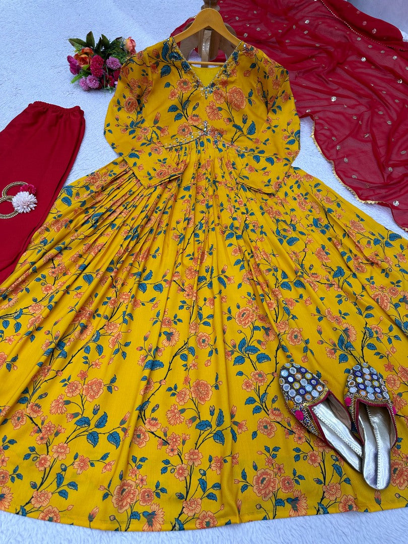 Yellow muslin floral print alia cut salwar suit