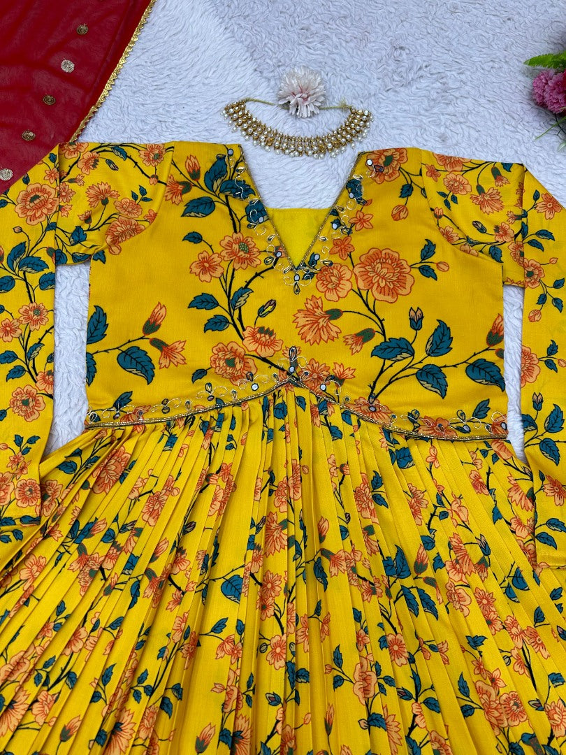 Yellow muslin floral print alia cut salwar suit