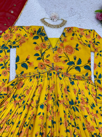 Yellow muslin floral print alia cut salwar suit