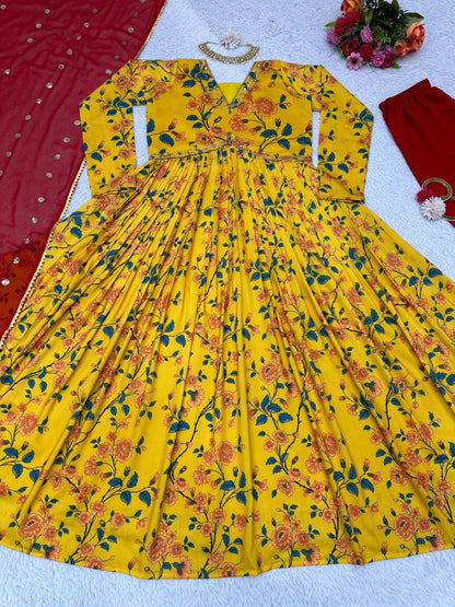 Yellow muslin floral print alia cut salwar suit