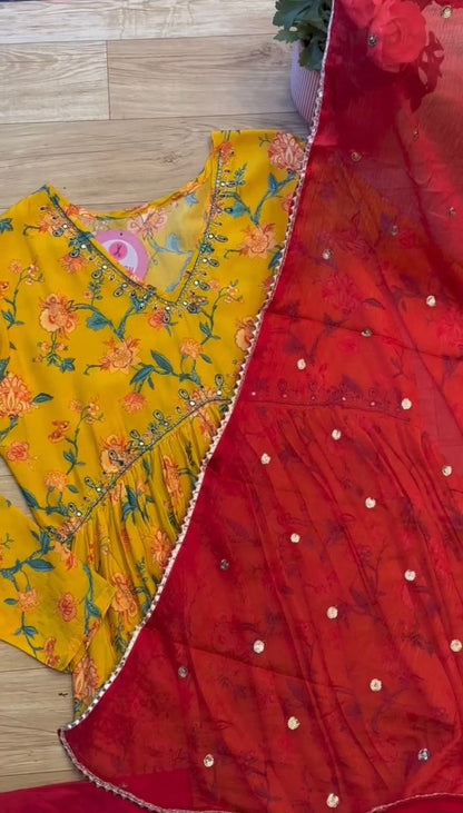 Yellow muslin floral print alia cut salwar suit