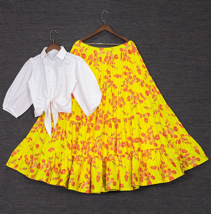 Yellow muslin silk floral printed crop top lehenga