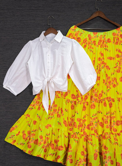 Yellow muslin silk floral printed crop top lehenga