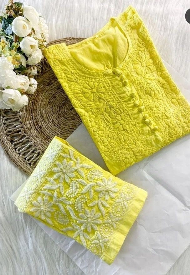 Yellow muslin thread work pant suit