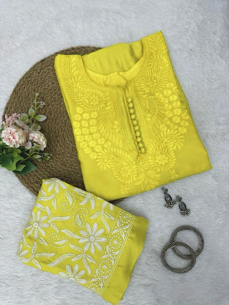 Yellow muslin thread work pant suit