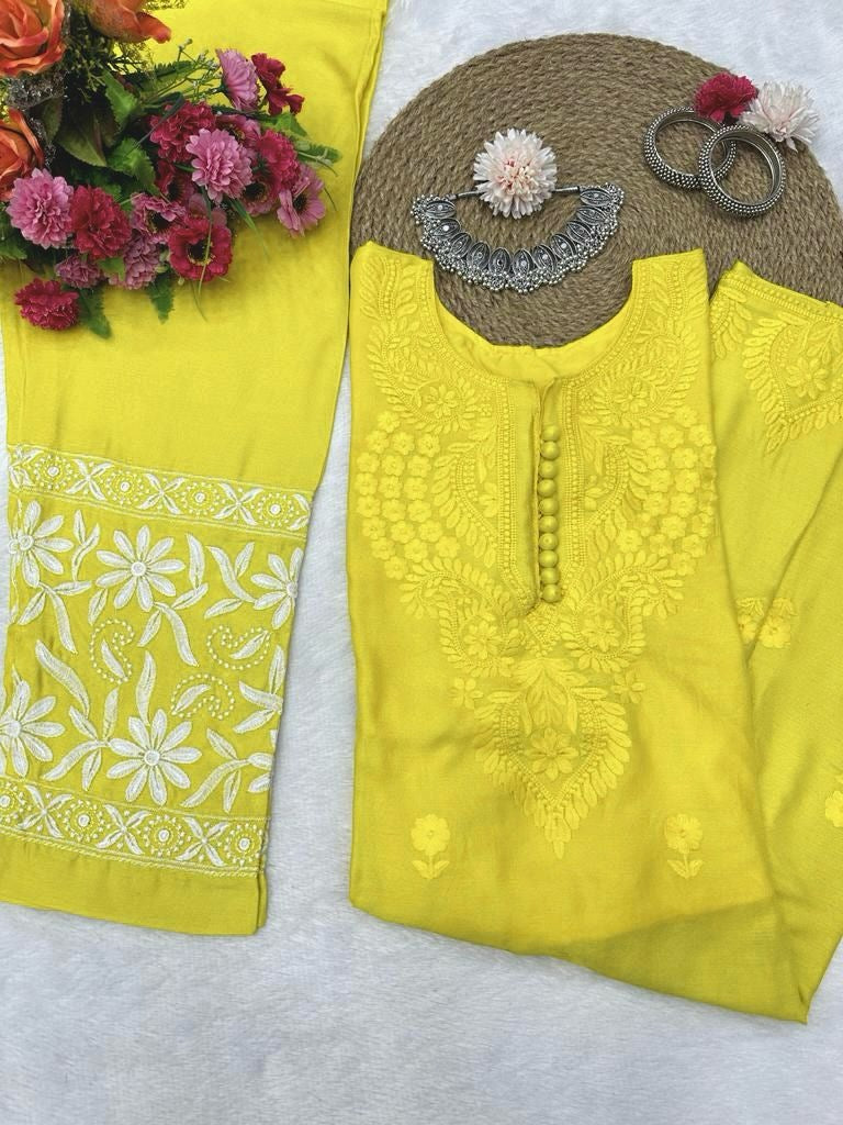 Yellow muslin thread work pant suit