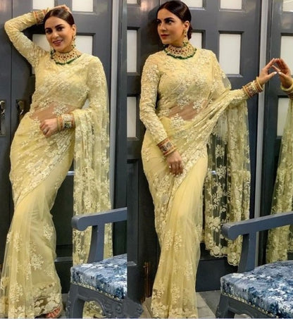 Yellow naylon mono net thread embroidered saree