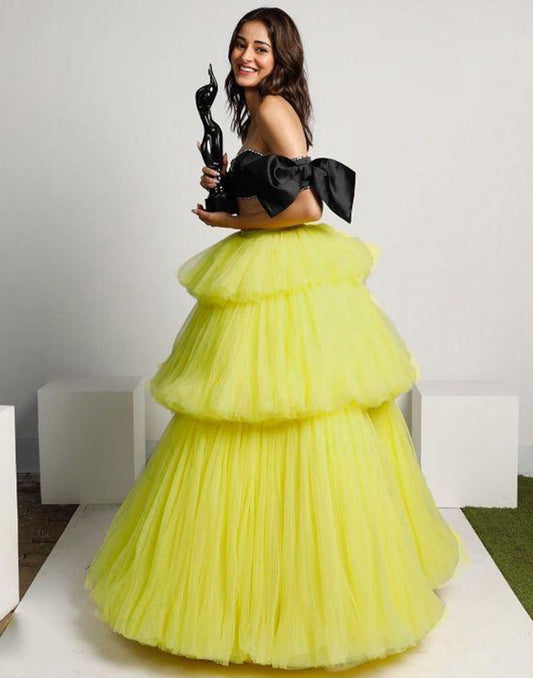 Yellow net crop top lehenga