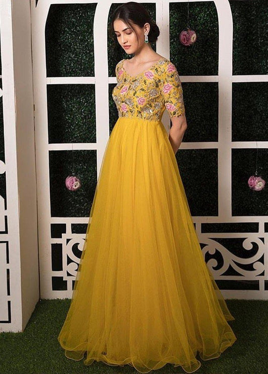 Yellow net embroidered wedding gown