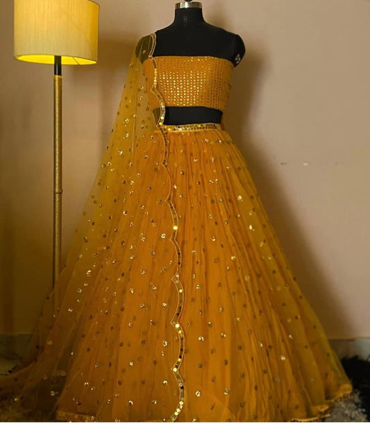 Yellow net sequence embroidery work ruffle lehenga choli for ceremony