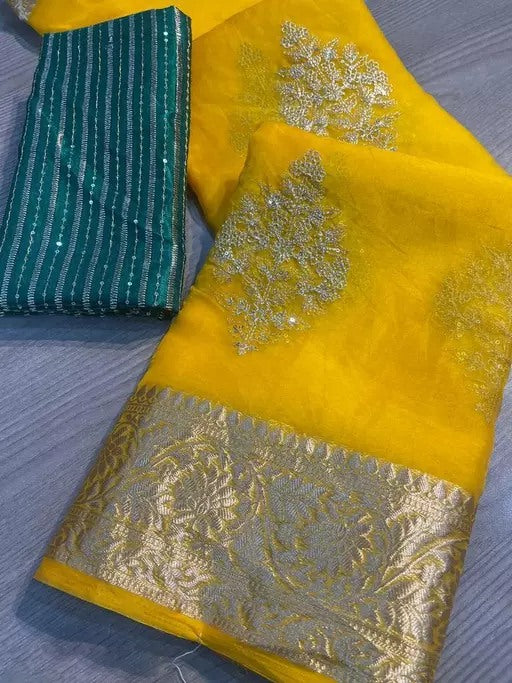 Yellow organza ceremonial saree
