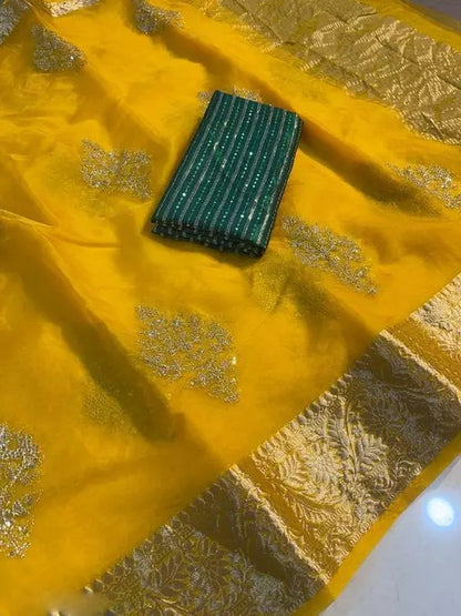Yellow organza ceremonial saree