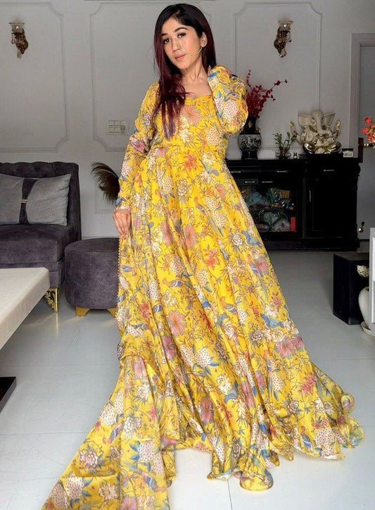 Yellow organza floral printed heavy flair anarkali gown