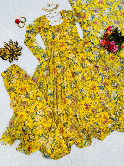 Yellow organza floral printed heavy flair anarkali gown