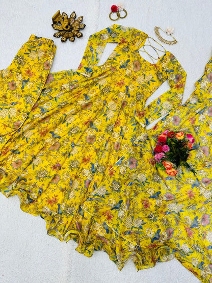 Yellow organza floral printed heavy flair anarkali gown