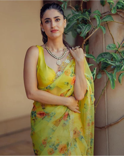 Yellow organza handworked and digital printed ceremonial saree