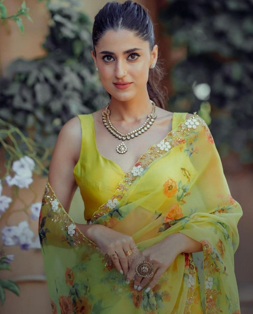 Yellow organza handworked and digital printed ceremonial saree