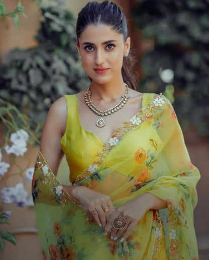 Yellow organza handworked and digital printed ceremonial saree