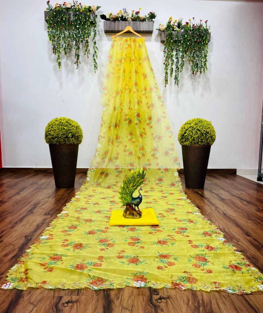 Yellow organza handworked and digital printed ceremonial saree