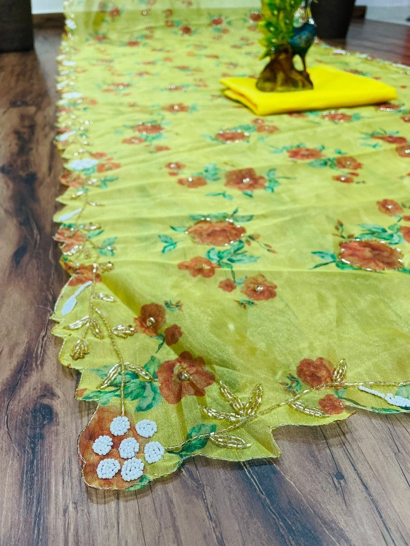 Yellow organza handworked and digital printed ceremonial saree