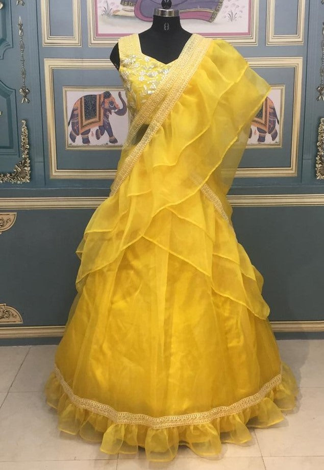 Yellow organza heavy embroidered sequence work lehenga choli