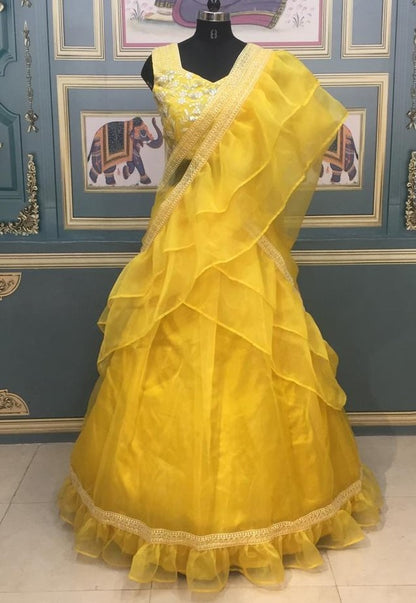 Yellow organza heavy embroidered sequence work lehenga choli