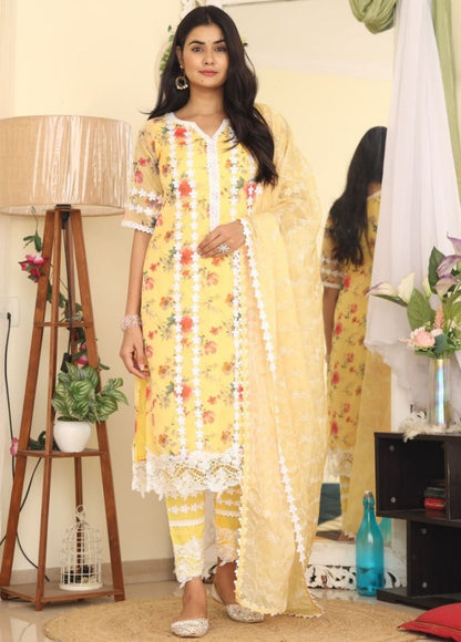 Yellow organza print and thread work pant salwar suit