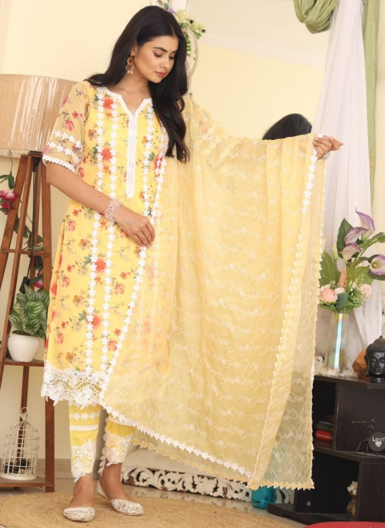 Yellow organza print and thread work pant salwar suit