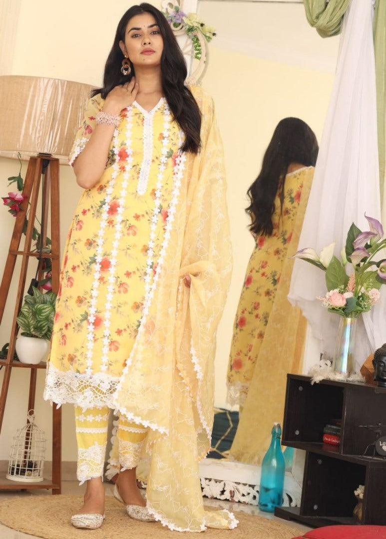 Yellow organza print and thread work pant salwar suit