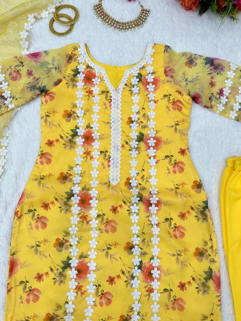 Yellow organza print and thread work pant salwar suit