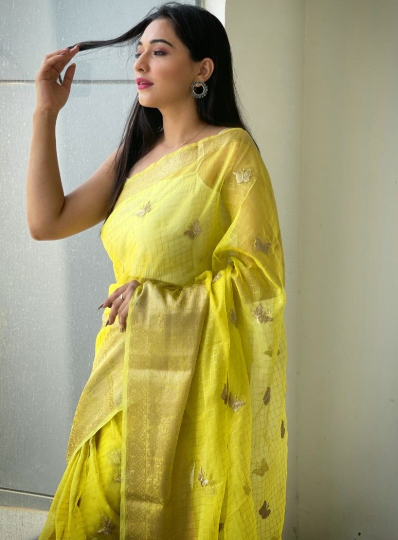Yellow organza sequence embroidered designer party wear saree