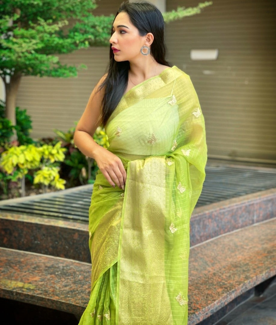 Yellow organza sequence embroidered designer party wear saree