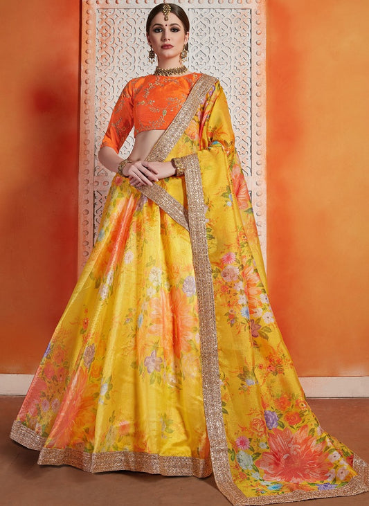 Yellow organza sequence work ceremonial lehenga choli