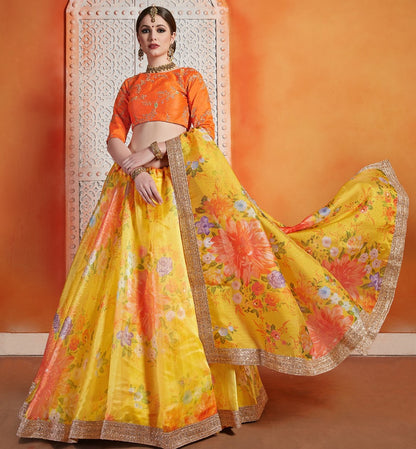 Yellow organza sequence work ceremonial lehenga choli